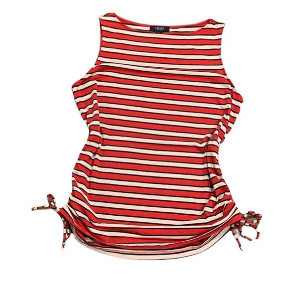 Chaps Womens Sz L Striped Boat Neck Ruched Sleeveless Top Red White Black 167G - Picture 1 of 8